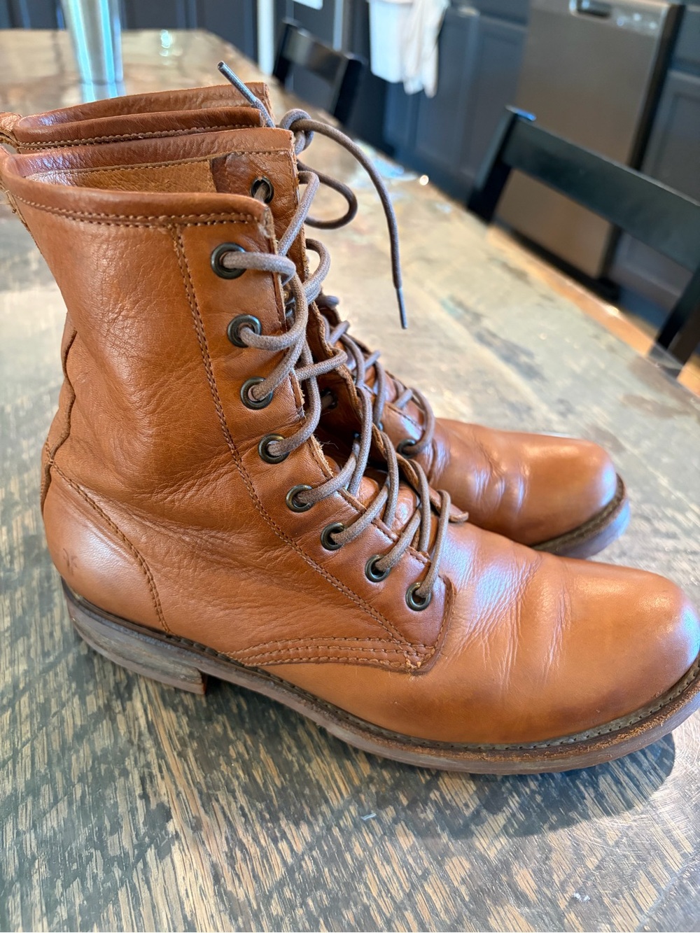 Frye Cognac Veronica Leather Lace-Up Combat Boots